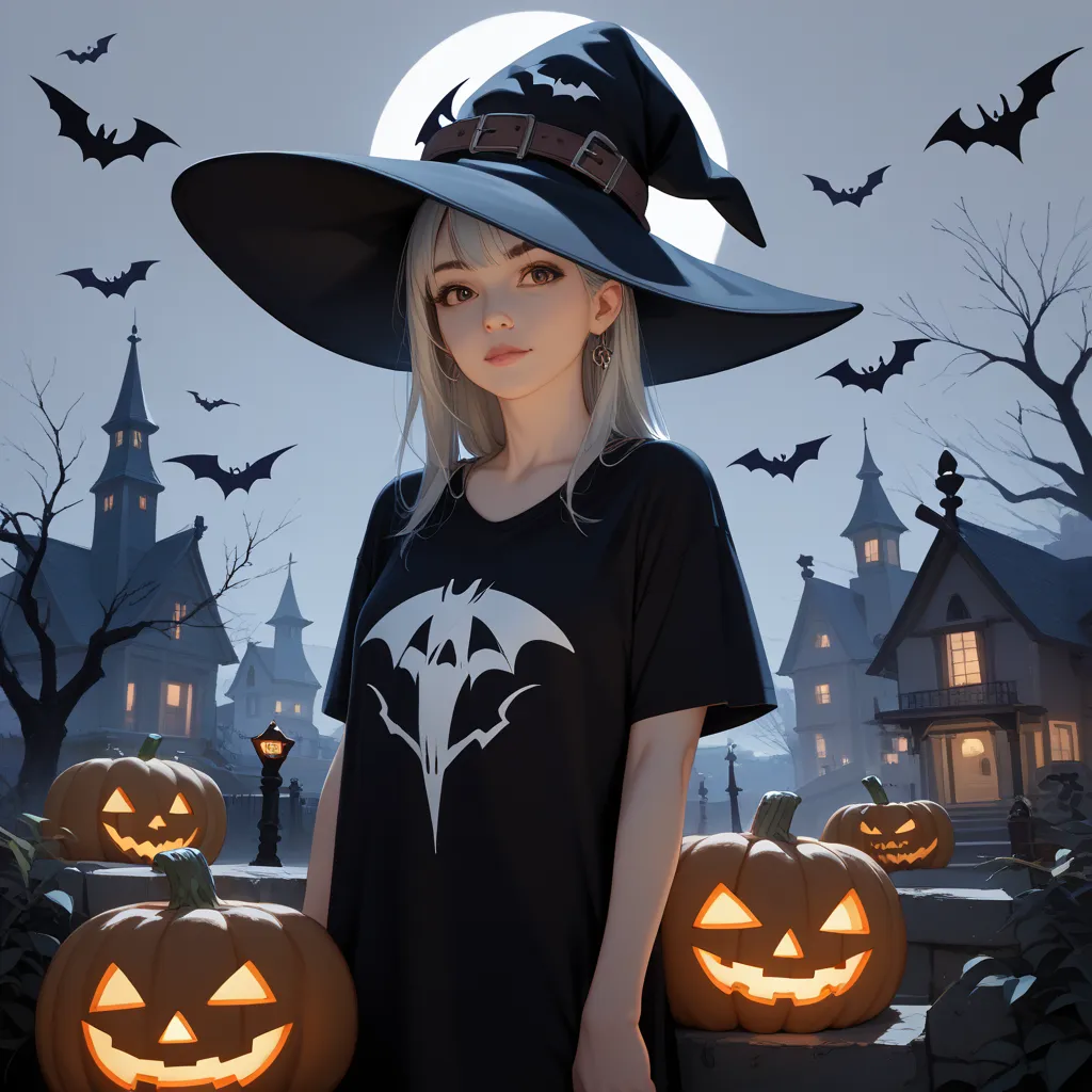 High quality design vector style image, t-shirt print style, graphic art white background of a Halloween style witch, bright and...