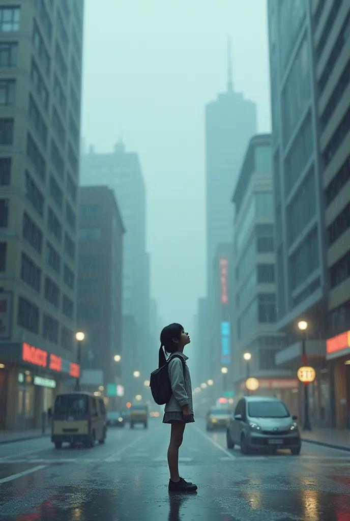 a girl under the sky of the city where it is raining and frost is written on the water drops