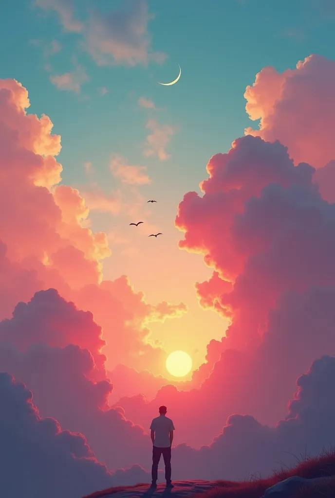 realistic, artistic and vibrant sunset sky with a mix of soft pastel colors. the sky is filled with a gradient of hues, transiti...