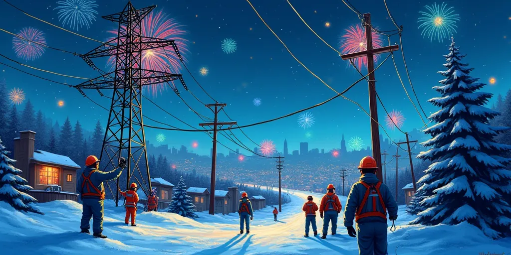 bright color hand-drawn picture in blue tones ,   christmas night , winter, in the foreground is a high-voltage power line,  ele...