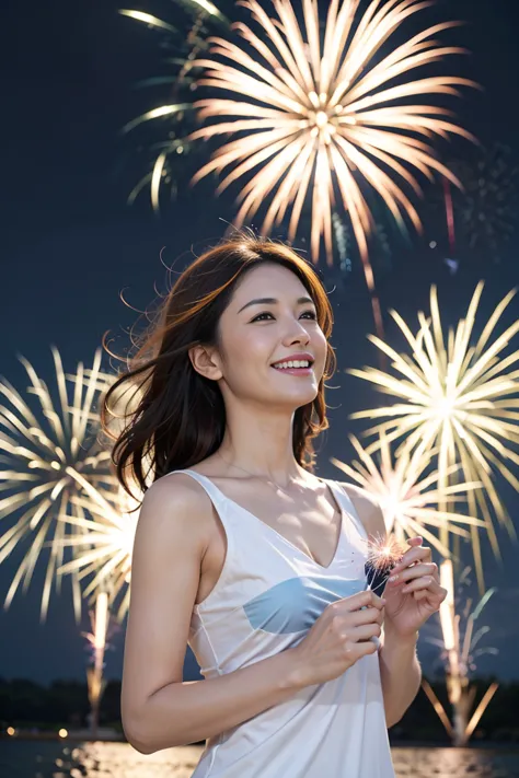 1 girl , smile,  rainbow color , dramatic angle, universe, (floating colored fireworks: 1.3), dramatic lighting, contrast, a fla...