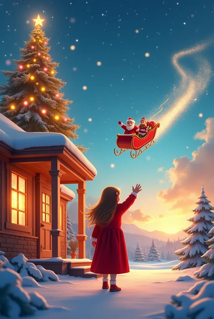 image prompt:
adora grace waving goodbye from her front porch as santa’s sleigh flies away, sparkling against the morning sky. a...