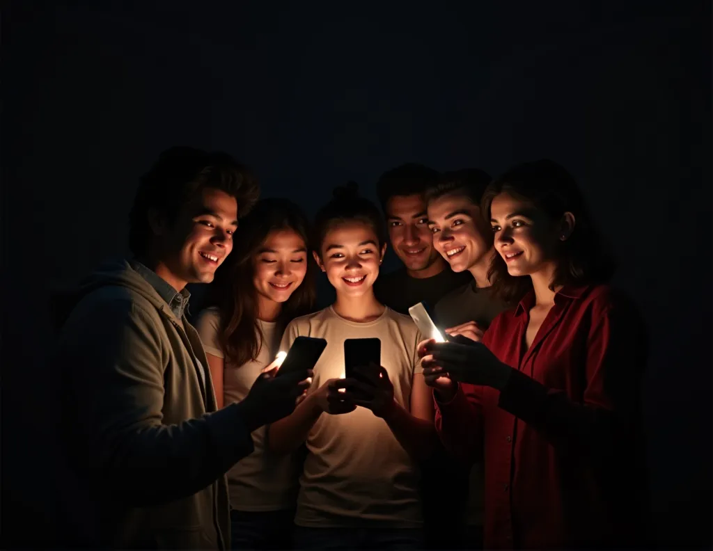 a group of people holding a flashlight phone in the dark