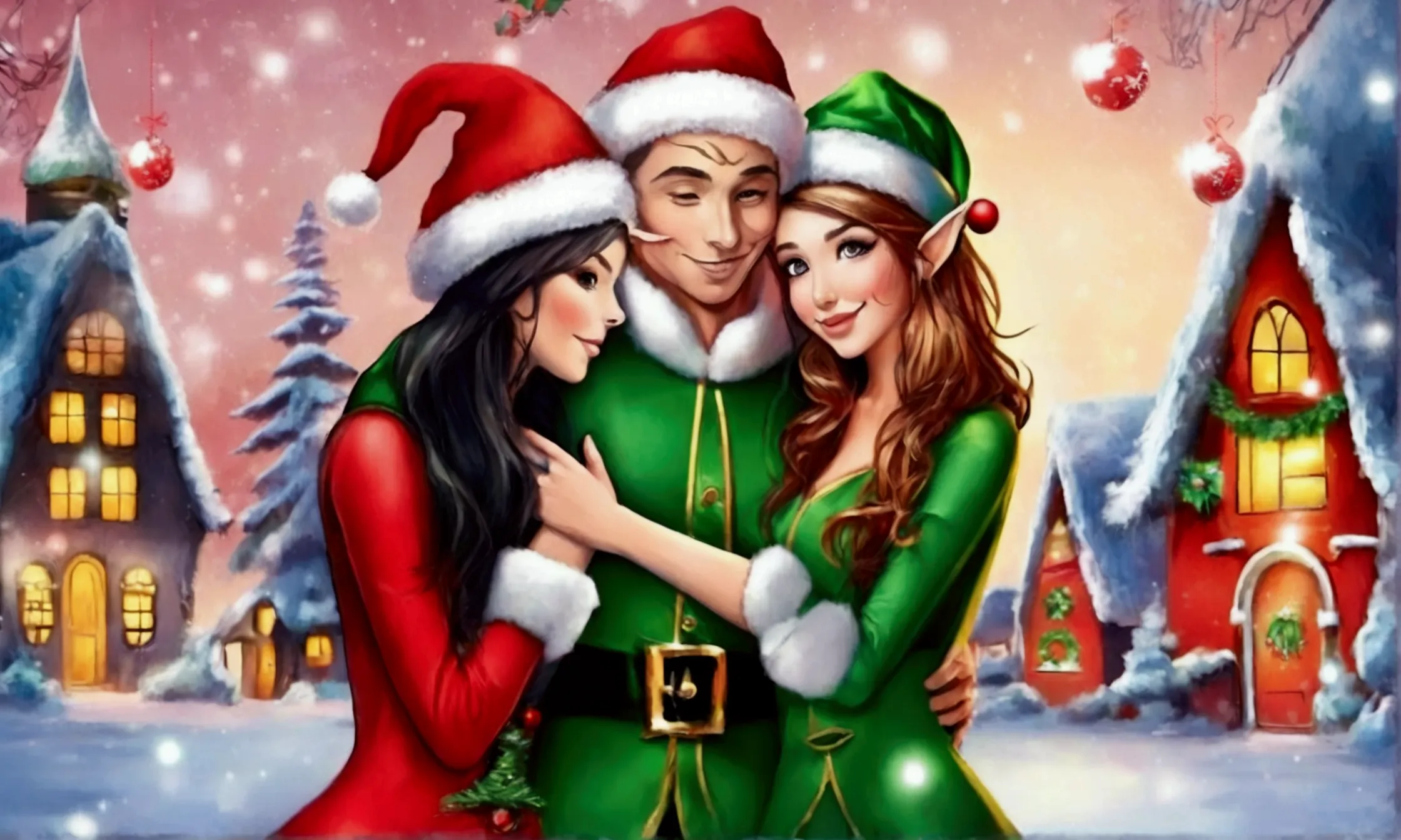 some women (age 25, sexy, sexy outfits christmas elf, sexy christmas elves) are deeply in love, they are hugging and kissing int...