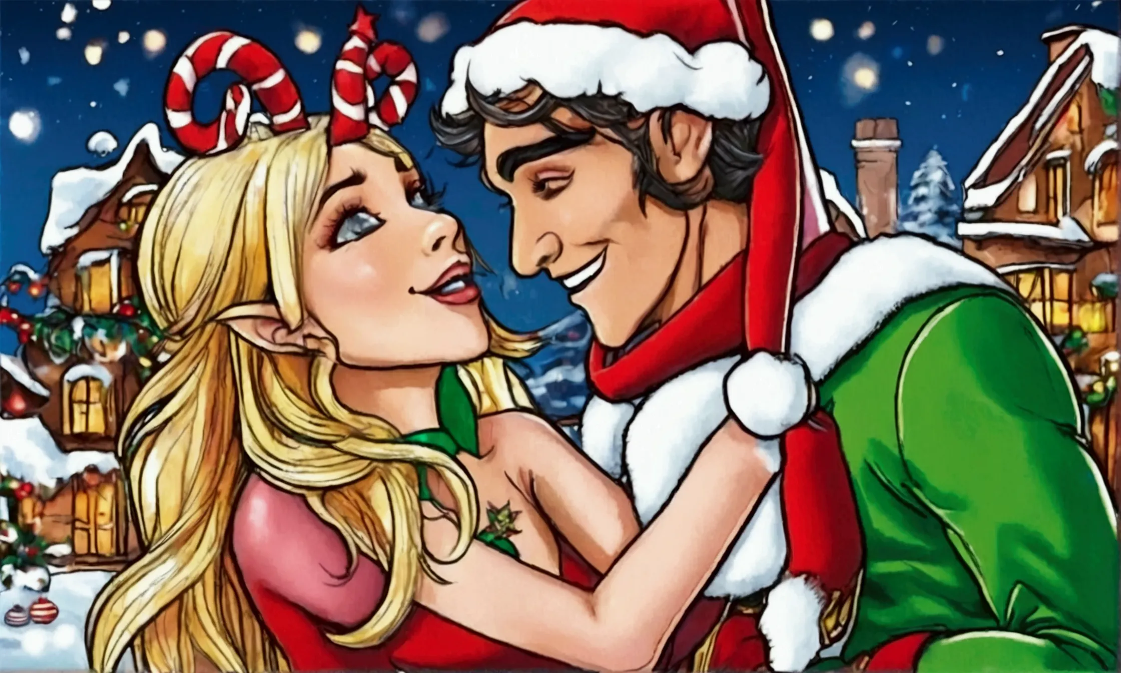 some women (age 25, sexy, sexy outfits christmas elf, sexy christmas elves) are deeply in love, they are hugging and kissing int...