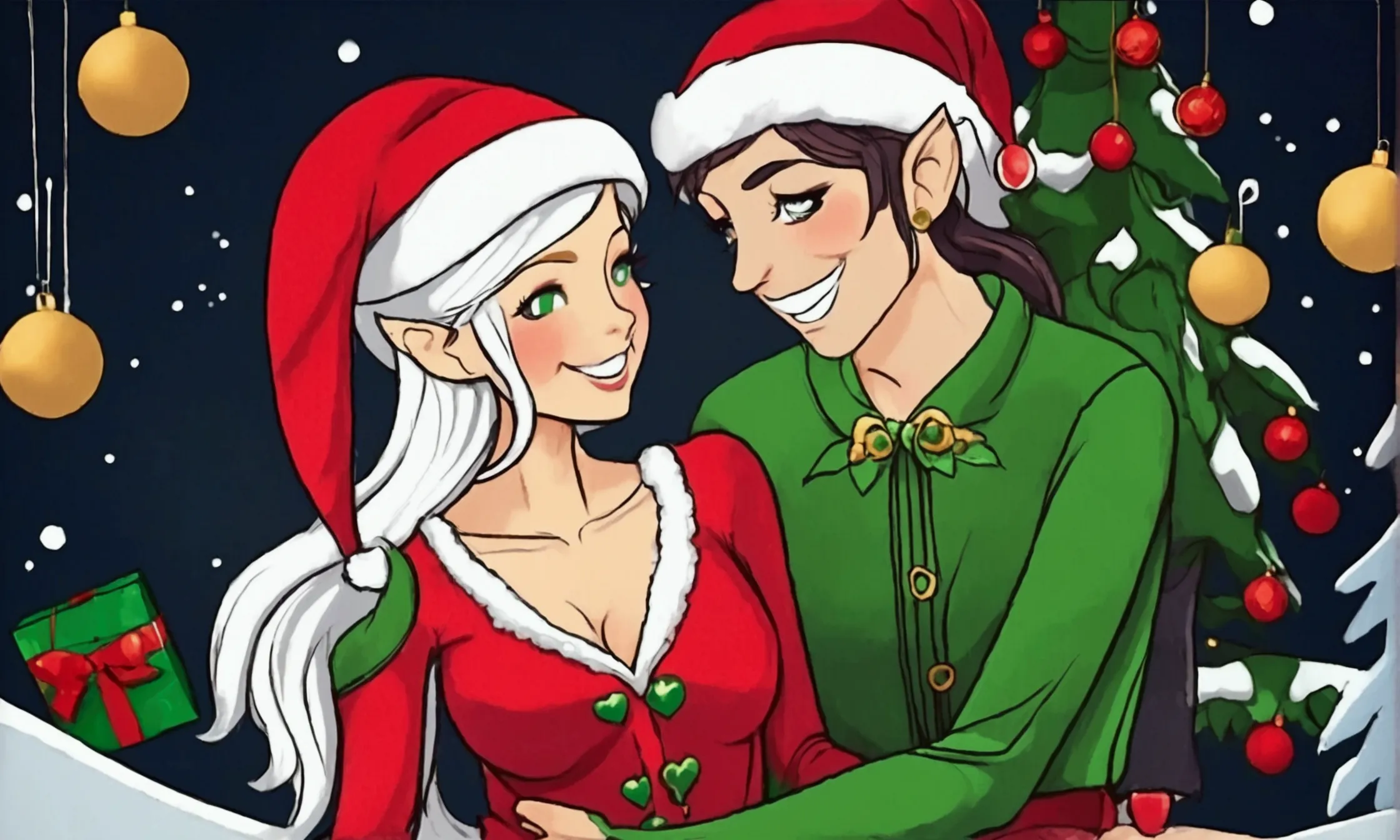 some women (age 25, sexy, sexy outfits christmas elf, sexy christmas elves) are deeply in love, they are hugging and kissing int...