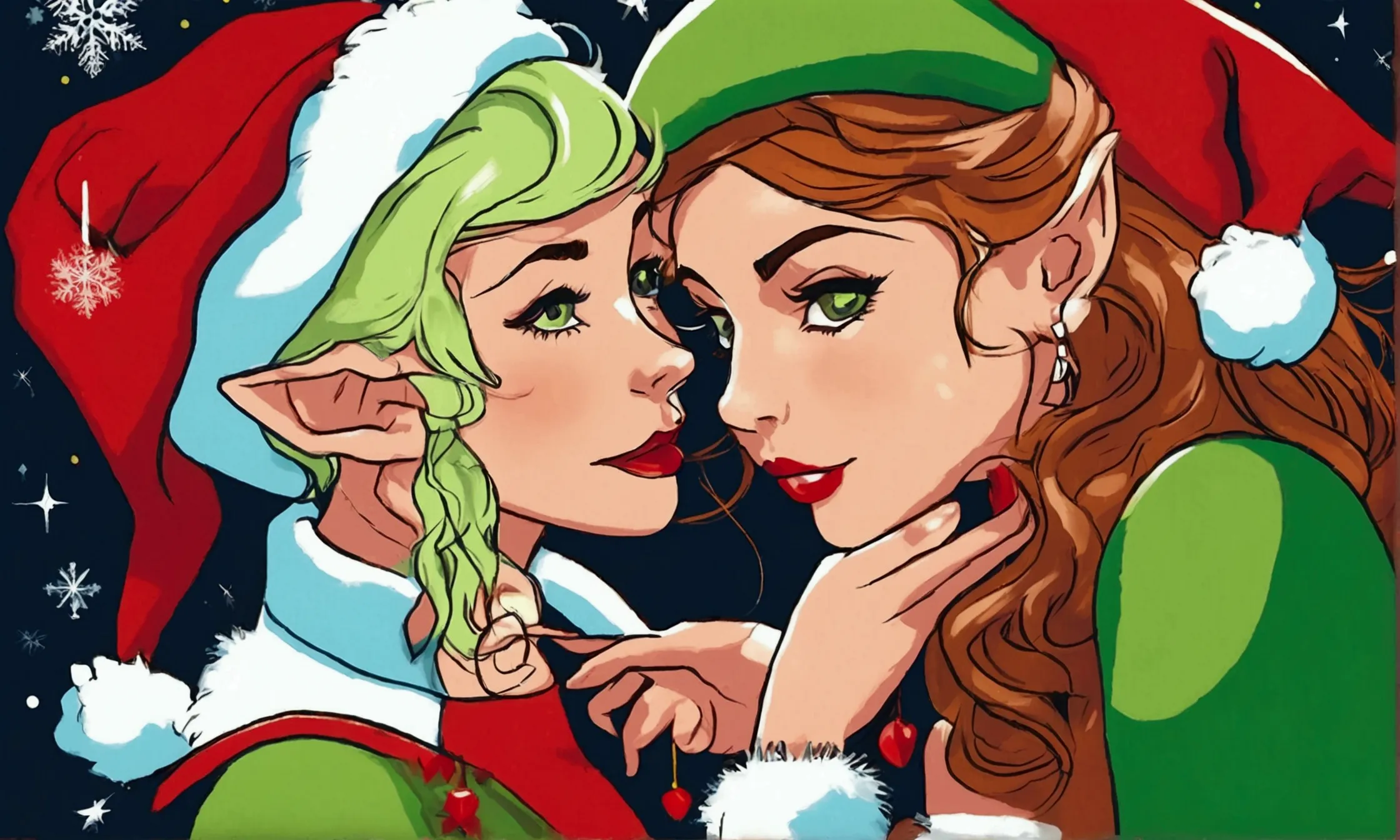 some women (age 25, sexy, sexy outfits christmas elf, sexy christmas elves) are deeply in love, they are hugging and kissing int...