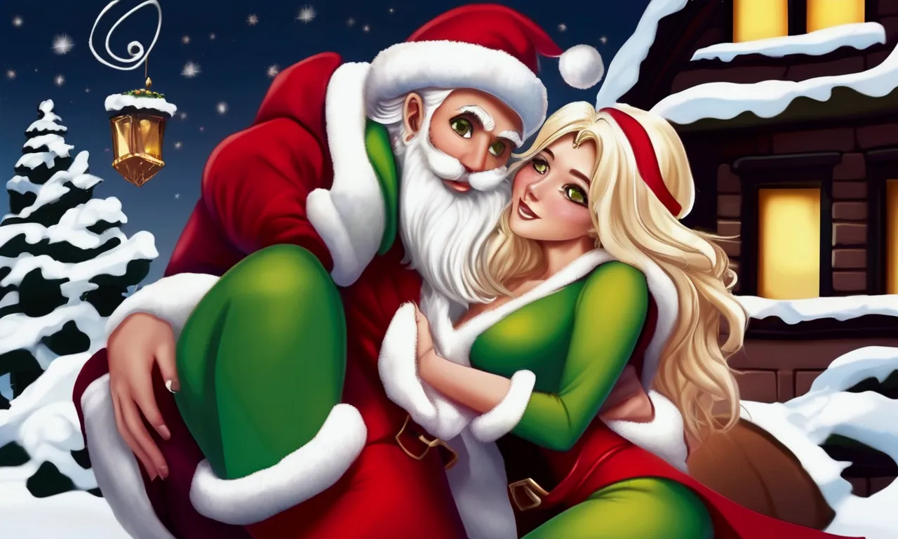 some women (age 25, sexy, sexy outfits christmas elf, sexy christmas elves) are deeply in love, they are hugging and kissing int...