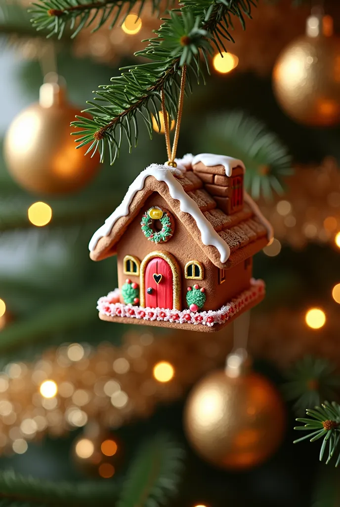 a small gingerbread house hangs on a christmas tree branch. glittering glass ball and golden tinsel are in the background.