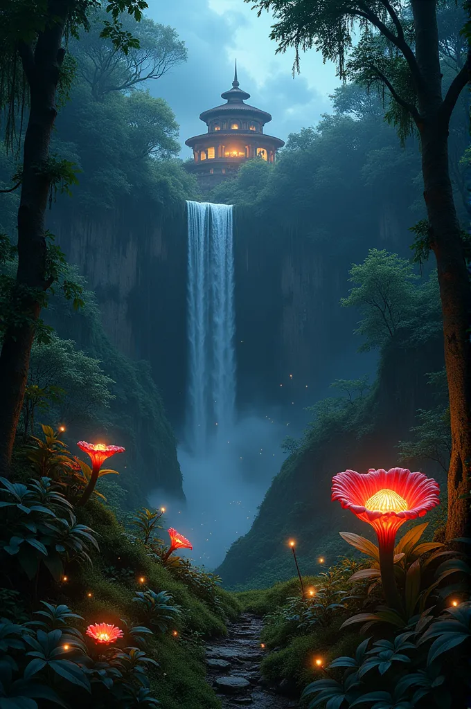 create a night magical forest with fireflies , mold, flower rafflesia arnoldi , angang bird ,  temple on top of the waterfall cl...