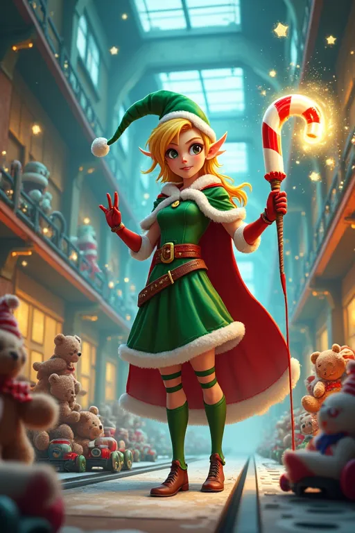 a vibrant and magical fantasy artwork featuring the female elf mage inside a whimsical toy factory. the female elf mage is clad ...