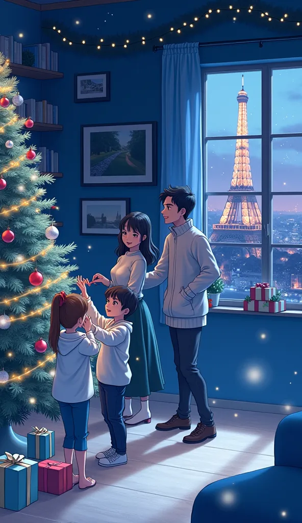 an anime-style illustration of a cozy indoor christmas scene with a family decorating a beautifully adorned christmas tree in a ...