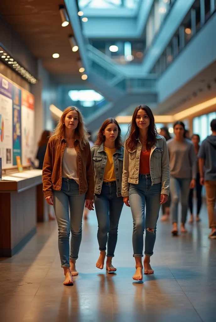 realistic photo, teenage white girls in science museum, all barefoot