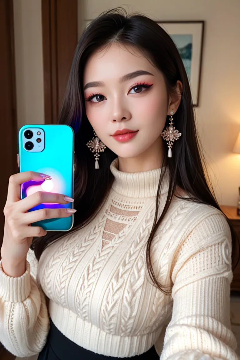 a beautiful portrait of a chinese girl taking a selfie. she has smooth, glowing skin, long, straight black hair that gently fram...