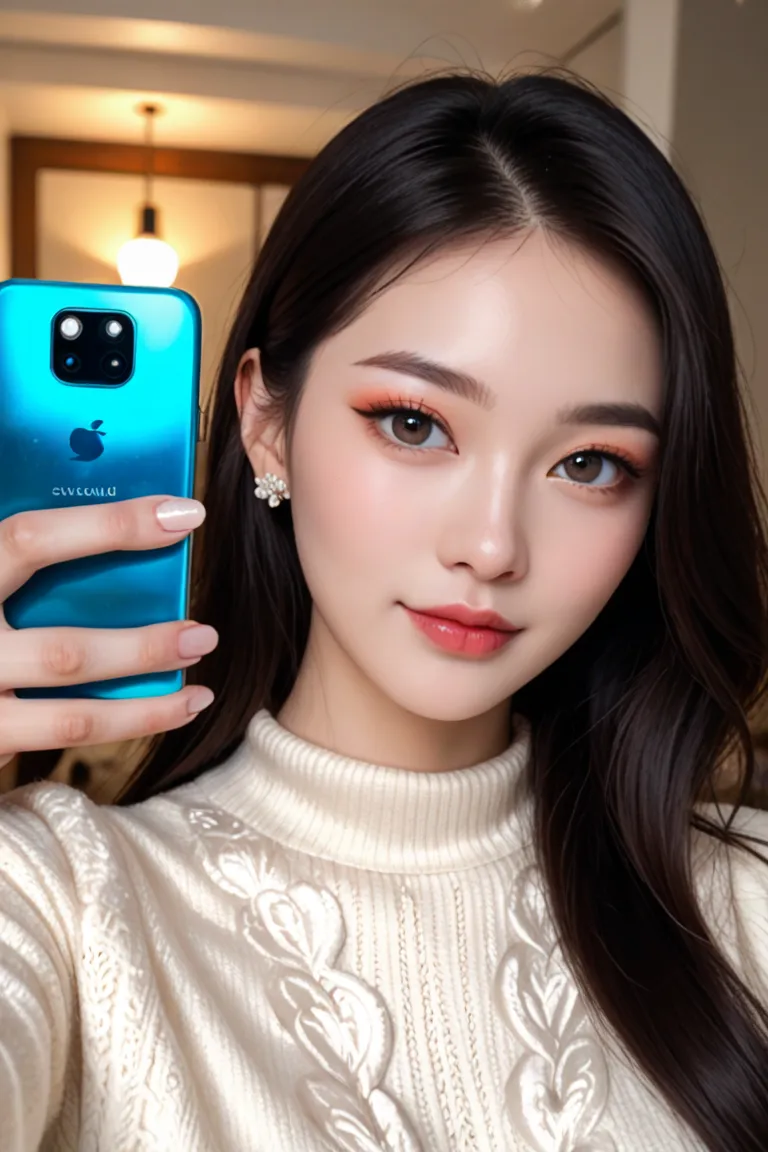 a beautiful portrait of a chinese girl taking a selfie. she has smooth, glowing skin, long, straight black hair that gently fram...