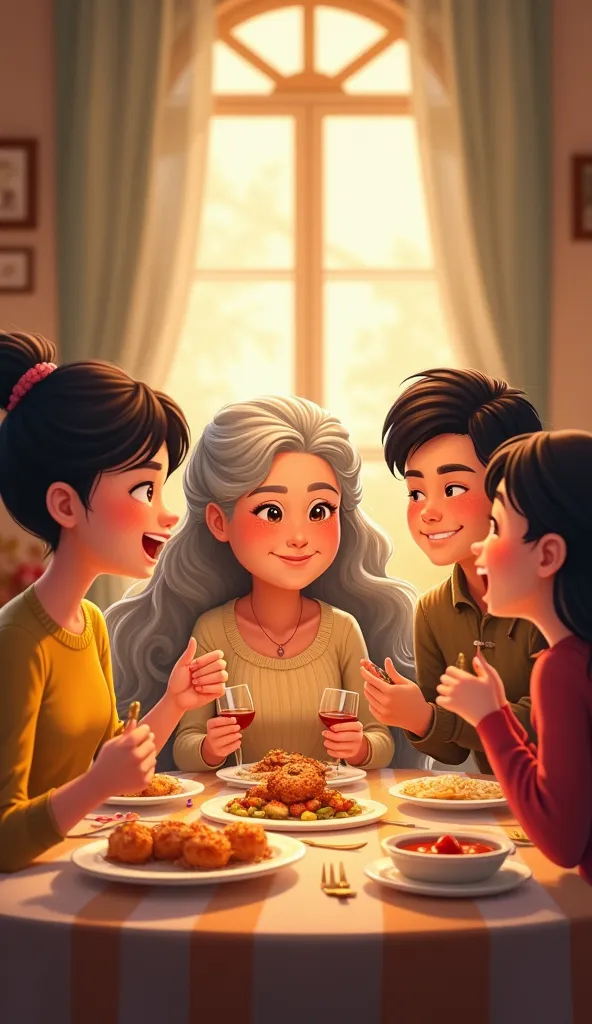 new year，family of five，（grandmother，dad，mother，，）perfect finger details，eat together ， sitting around the table ， happy，a warm ...