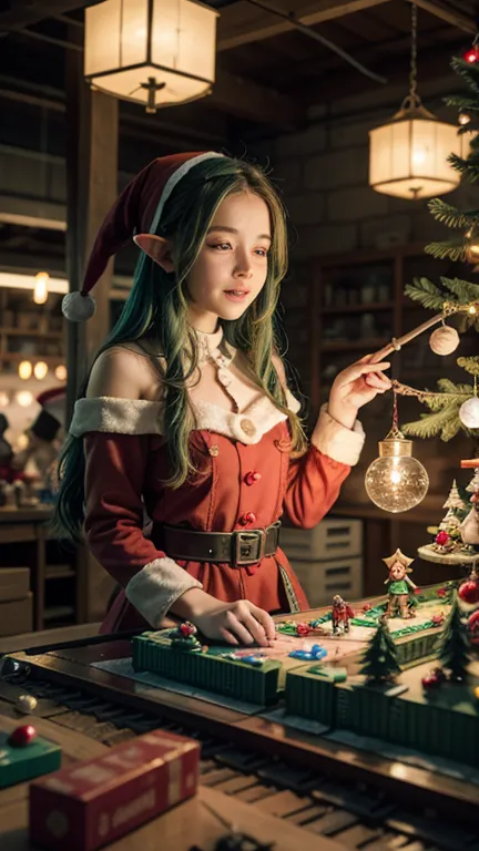 a vibrant and magical fantasy artwork featuring the female elf mage inside a whimsical toy factory. the female elf mage is clad ...