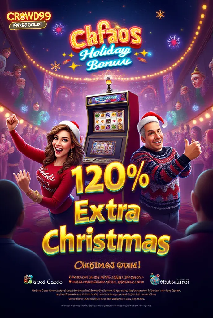 festive casino flyer for crowd99 slot's highlighting the 120% sign-up bonus and 20% extra christmas bonus