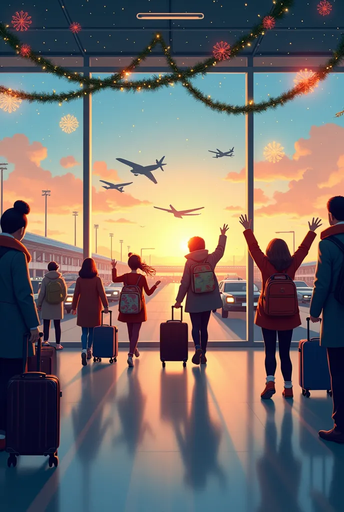 create a background with christmas and new year atmosphere at the airport with planes and cars in it. don't get too dense the pi...