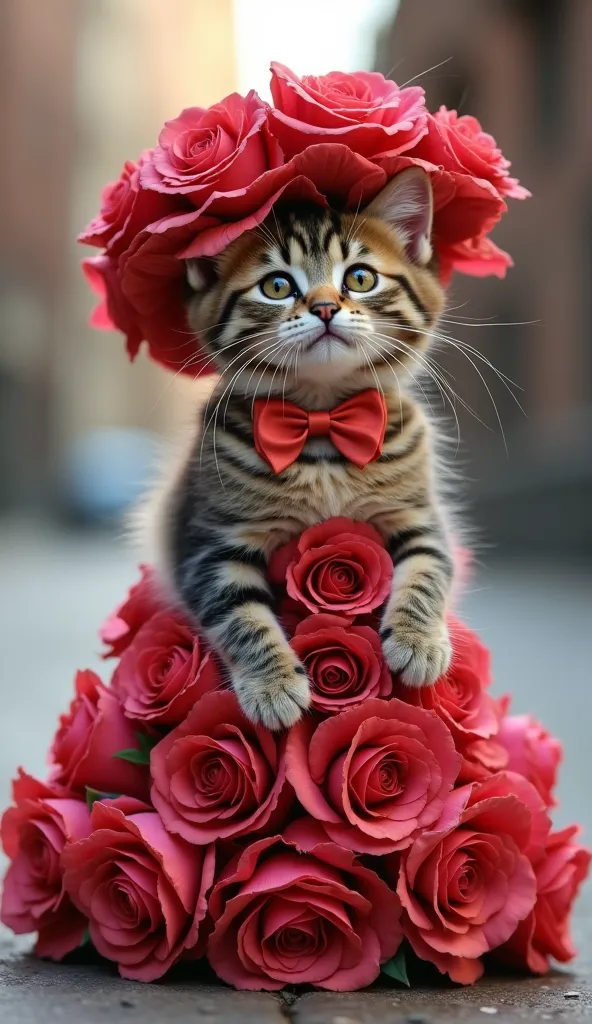 cute kitty is wearing a long dress with lots of rose flowers、, real kitty cat wearing a hat in the shape of a rose flower 。, clo...