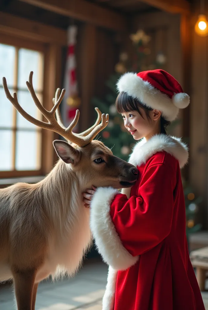 (( top quality )), ((masterpiece)), (  details),  1 girl, japanese pretty girl, a   wears a santa claus costume、give one reindee...