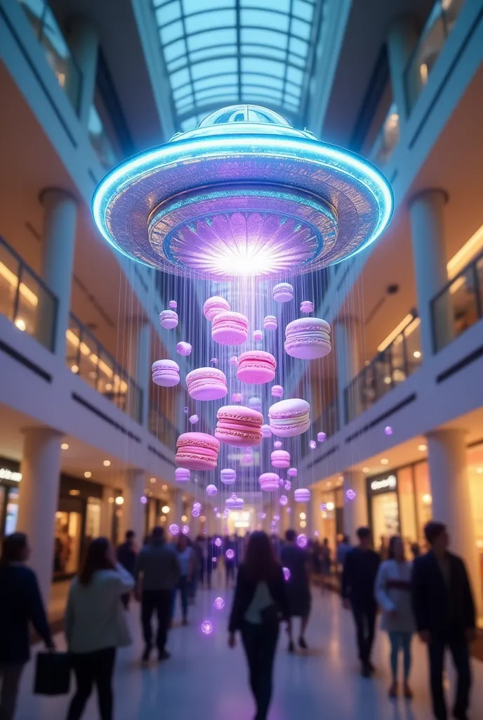 outdoor advertising is a fake in a shopping mall .  in the form of a ufo that lights up from below and there's macarons hanging ...