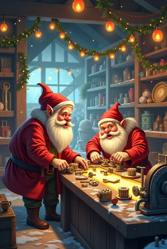 employees like people but dwarves of santa claus creating tools in a production line, the background is the workshop of santa cl...