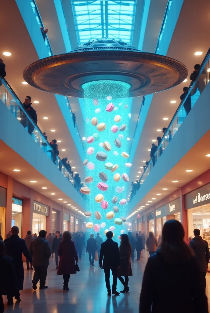 in the shopping center. a ufo and it lights up from below like a hologram of macarons.