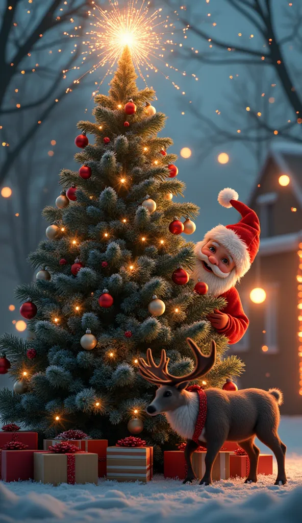 make me a striking christmas image showing a christmas tree and a santa claus peeking out from behind the tree ,  i also want hi...