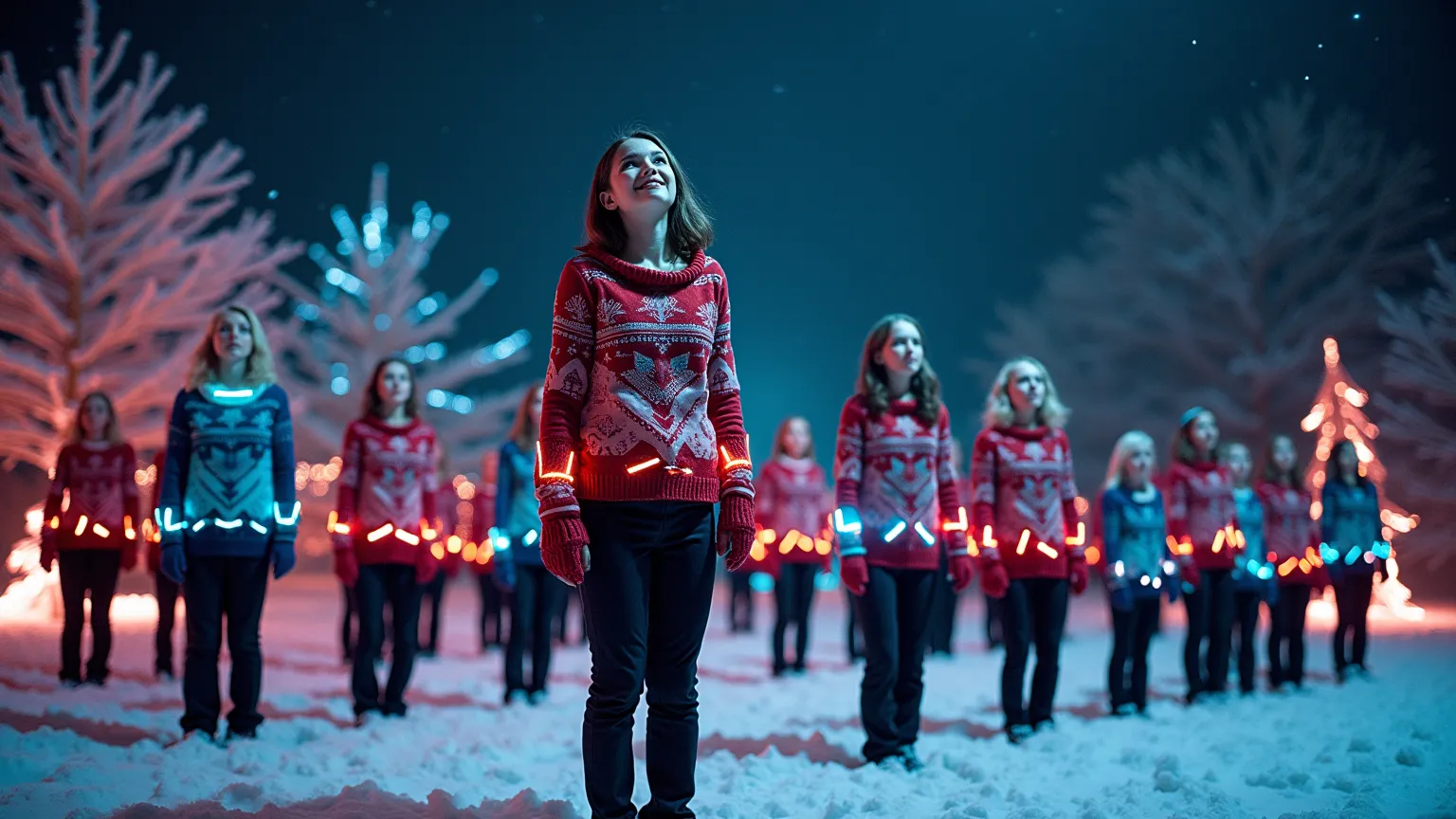 in a snowy park at night, a choir of ren performs an energetic techno remix of a christmas carol. the ren, dressed in sleek, fut...