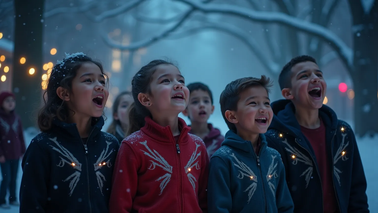 in a dark, snowy park, a choir of ren around  sings christmas carols under a starry sky. the group, composed of a diverse mix of...