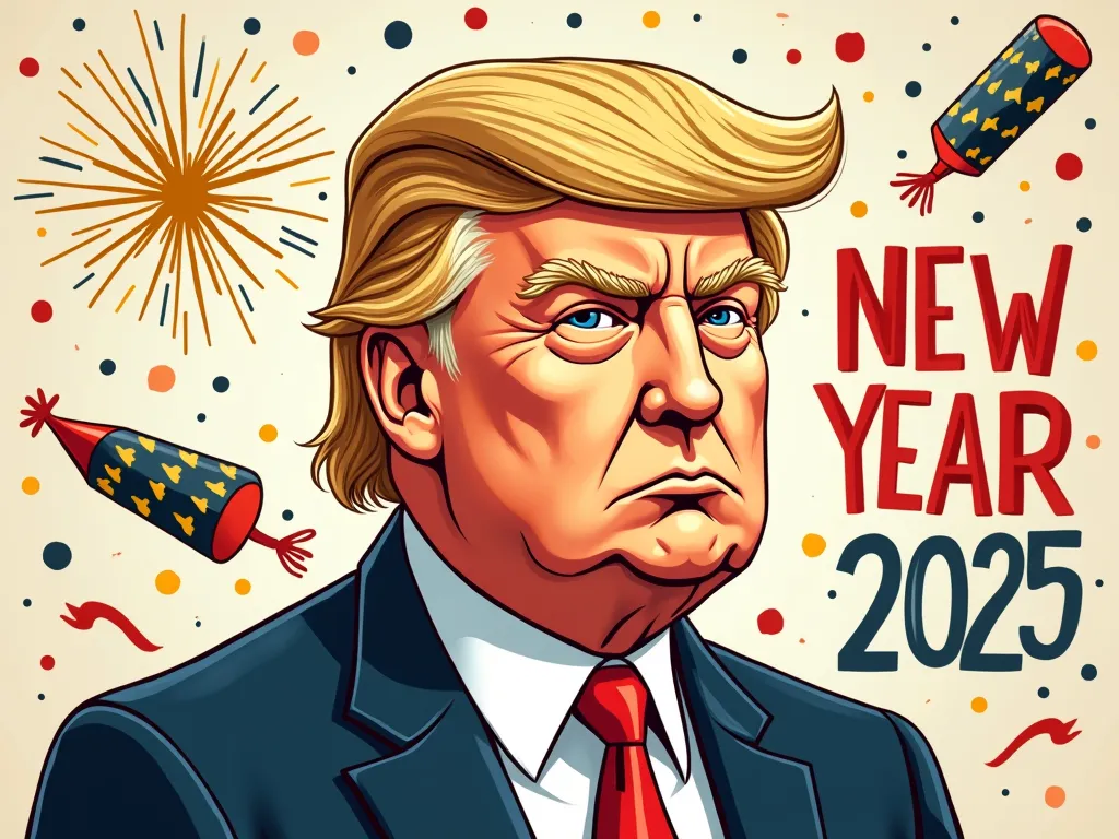 "design a celebratory new year-themed illustration featuring donald trump. include elements like 'happy new year 2025' text, fes...