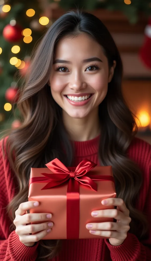 beautiful smiling young woman holds a package tied with a red bow' in her hand at christmas