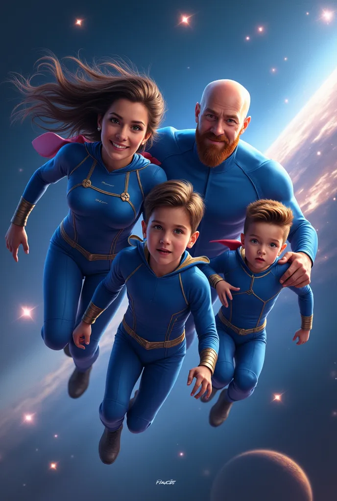 a realistic and dynamic depiction of a superhero family flying through space. the family consists of five members: a mother, fat...