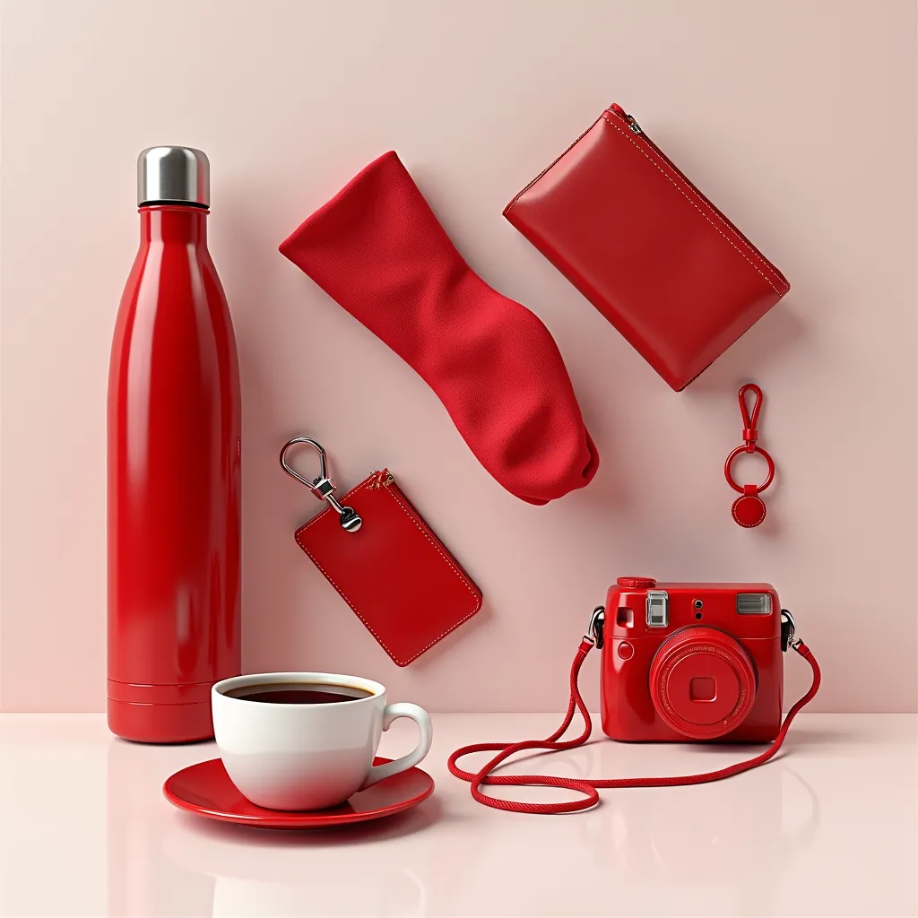 généré moi des vêtements personnalisé , thermos , porte clef badje , appareil photo, et  tasse de café de couleur rouge blanc ré...