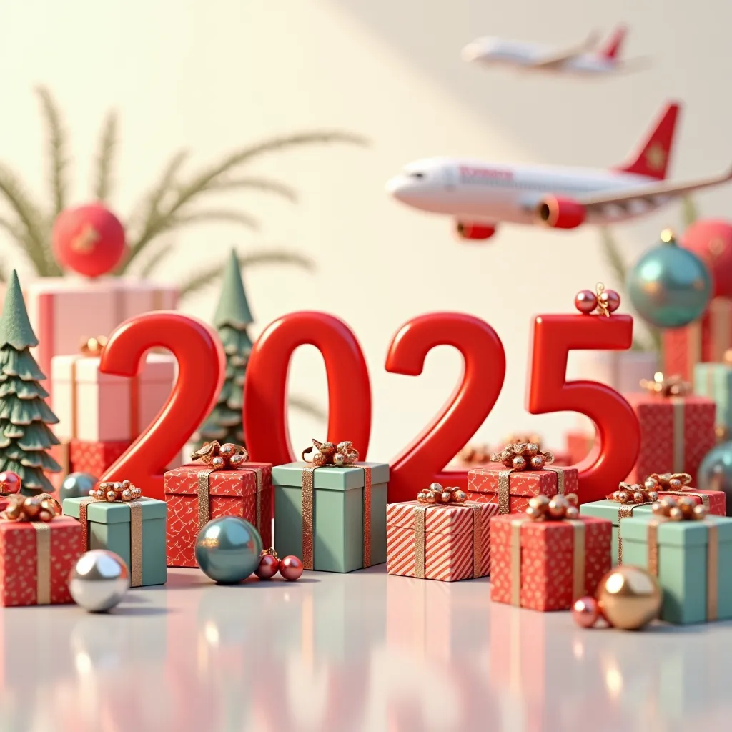 3d happy new year 2025 .  gift box and christmas decorations, cargo container and plane .  happy christmas greeting card .