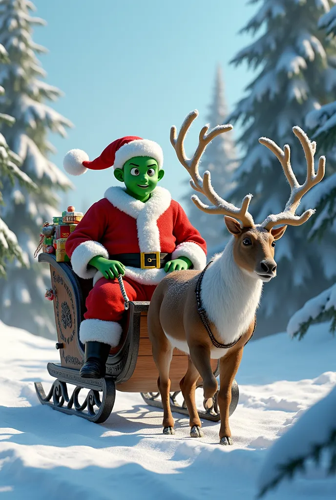 piccolo from the dragon ball anime is wearing a santa costume,riding a sleigh pulled by a reindeer through the snow