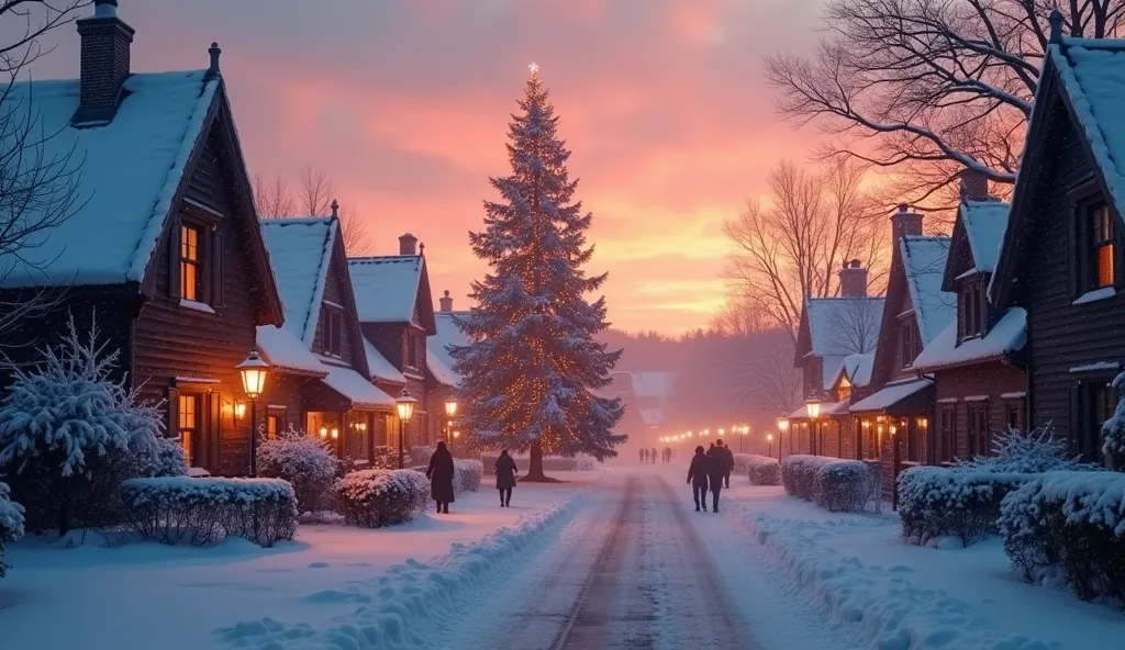 breathtaking cinematic photo of a real hyperrealistic christmas landscape photo of a village covered with snow in the ethereal m...