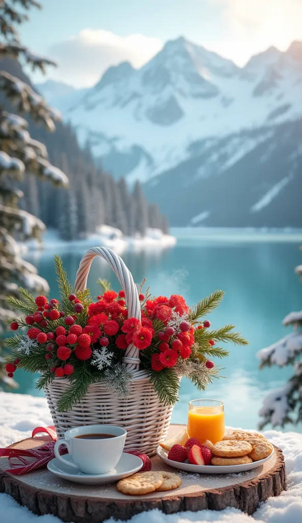 a beautiful white luxurious and elegant basket filled with beautiful christmas flowers by the lake, a beautiful set up of a deli...