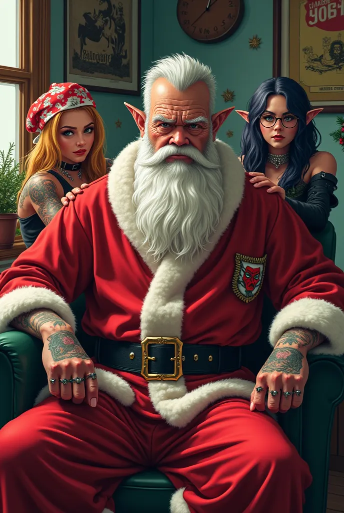 pere noel badass en peignor avec ses filles lutins punk