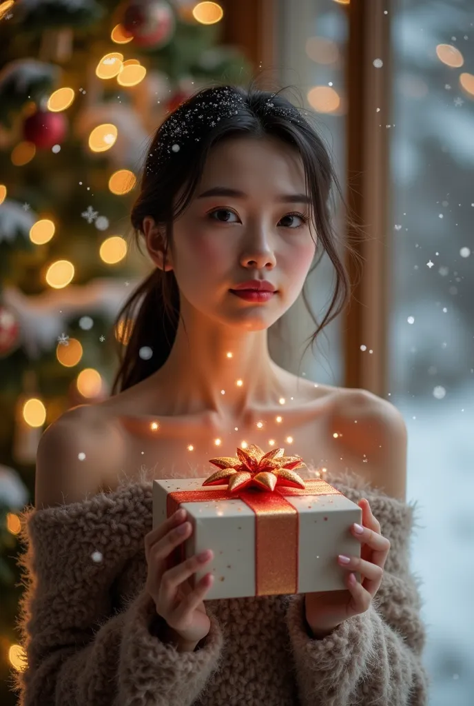 woman with a gift, realisitc photo, christmas tree in the background, background is blurred, new year's atmosphere, snow