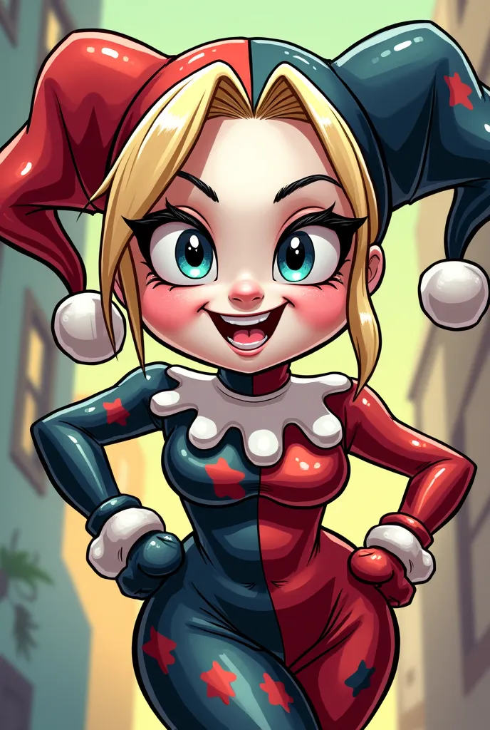 i want a drawing of harley quinn in a funny cartoon style but with the face exaggerated like a cartoon