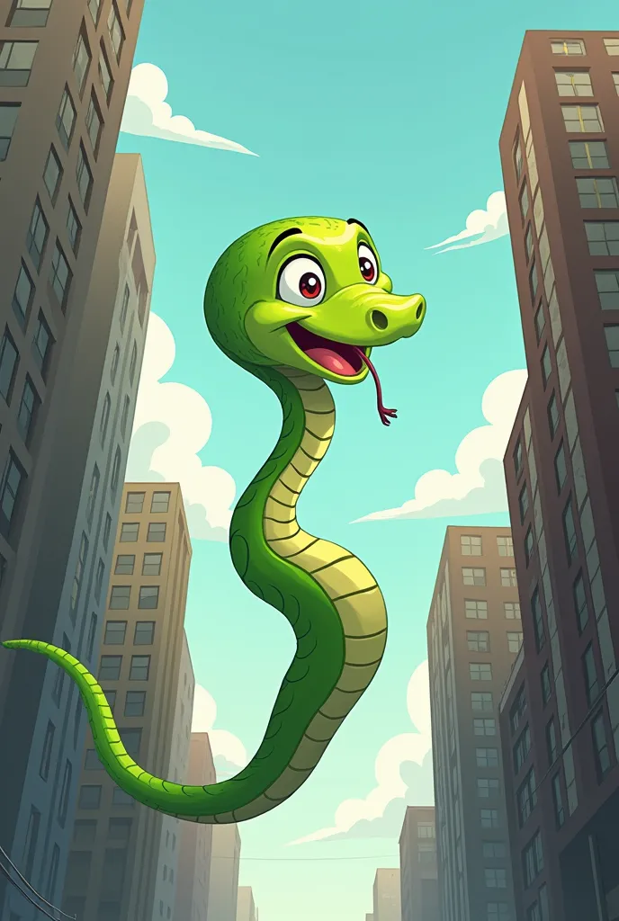 create an image see a small green-skinned snake falling from a building i want it to be a female snake seen from below and a 2d ...