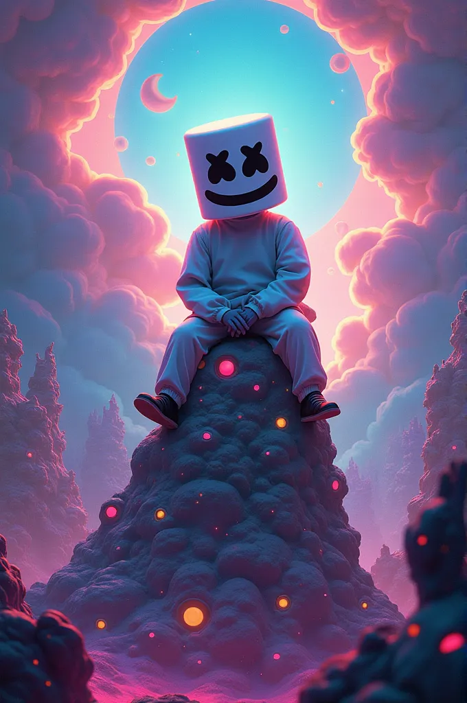 marshmello sitting above the animated world