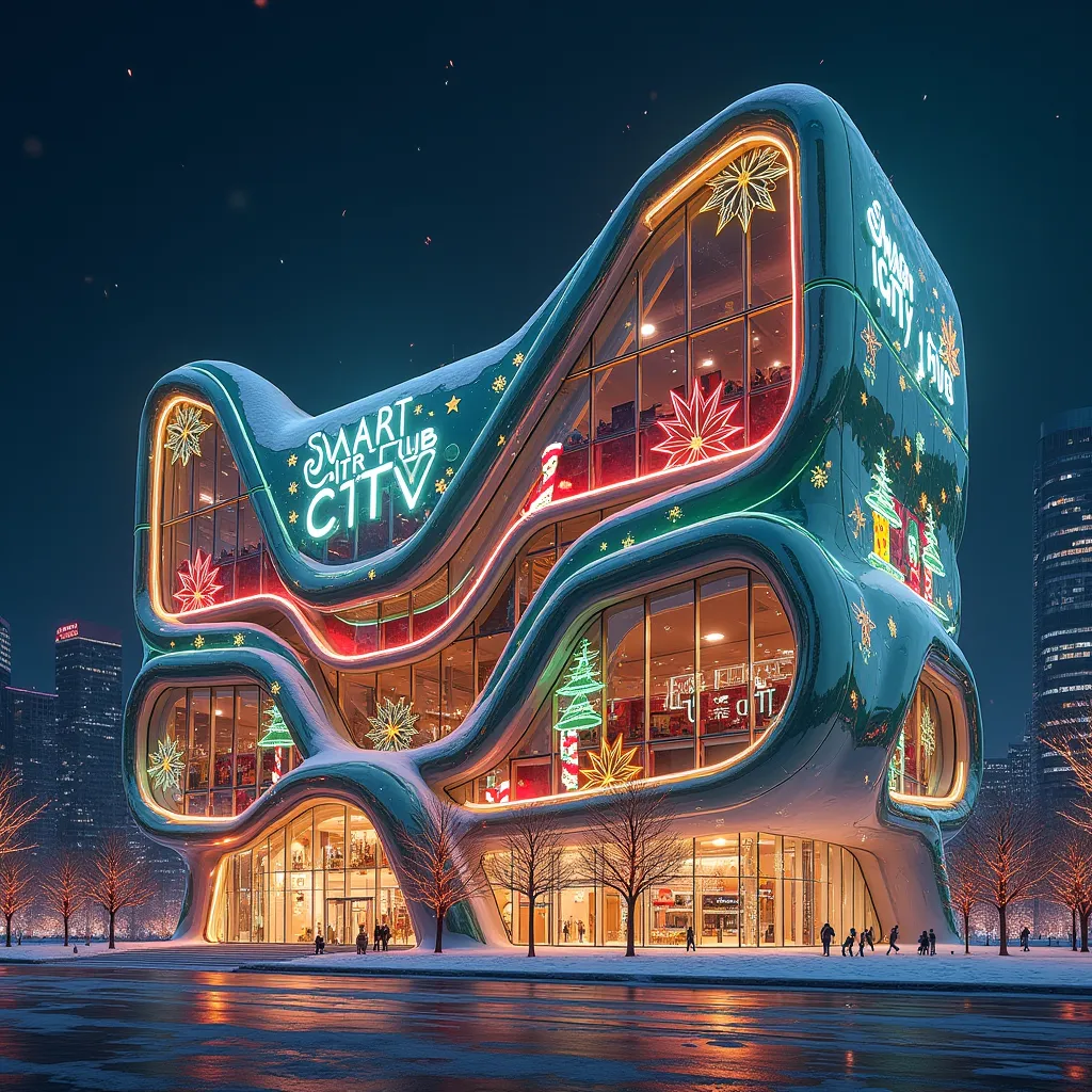 "create a futuristic smart city hub building infused with a christmas theme. the exterior features vibrant neon lights in shades...