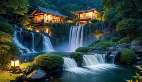 a asian-style flower house under a lush green hillside, there is a rough splash waterfall beside the house, a photo of a rough s...