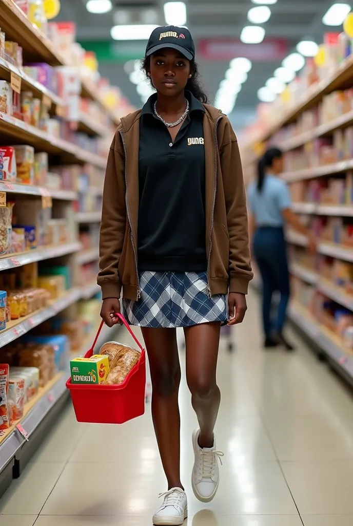 a ugandan black skinned teenager 16years old wearing a black golf hut with the "puma logo" and embroidery text "puma", she is we...