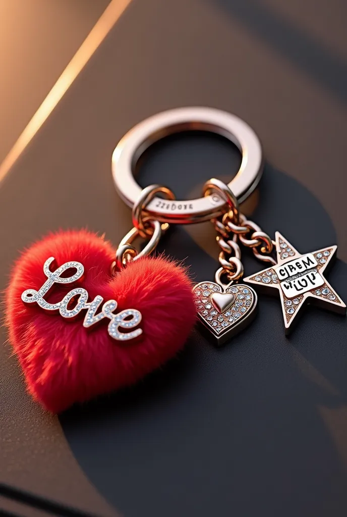 a 3d render of a delicate and charming keychain with the small name 'love' intricately engraved on it. the other keychain is a b...