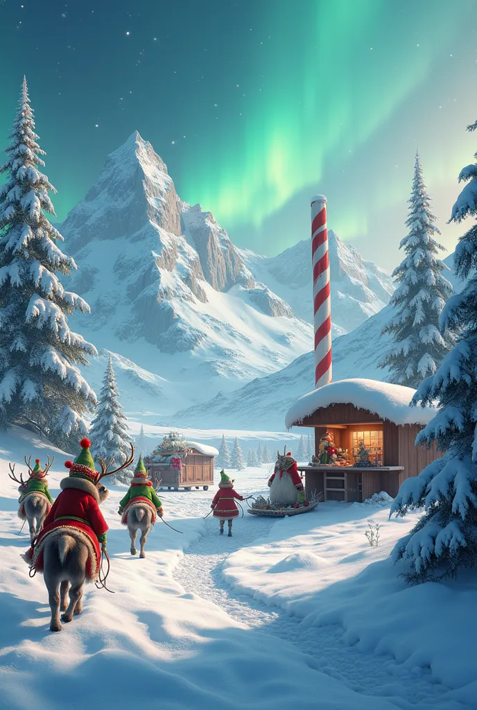 realistic photo of the north pole with reindeer , elves who are busy .  you should recognize that it is just before christmas an...