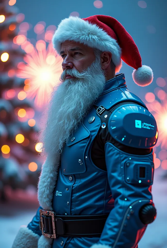 create a technological santa, with blue clothes,  solarpunk style christmas tree with fireworks in the background